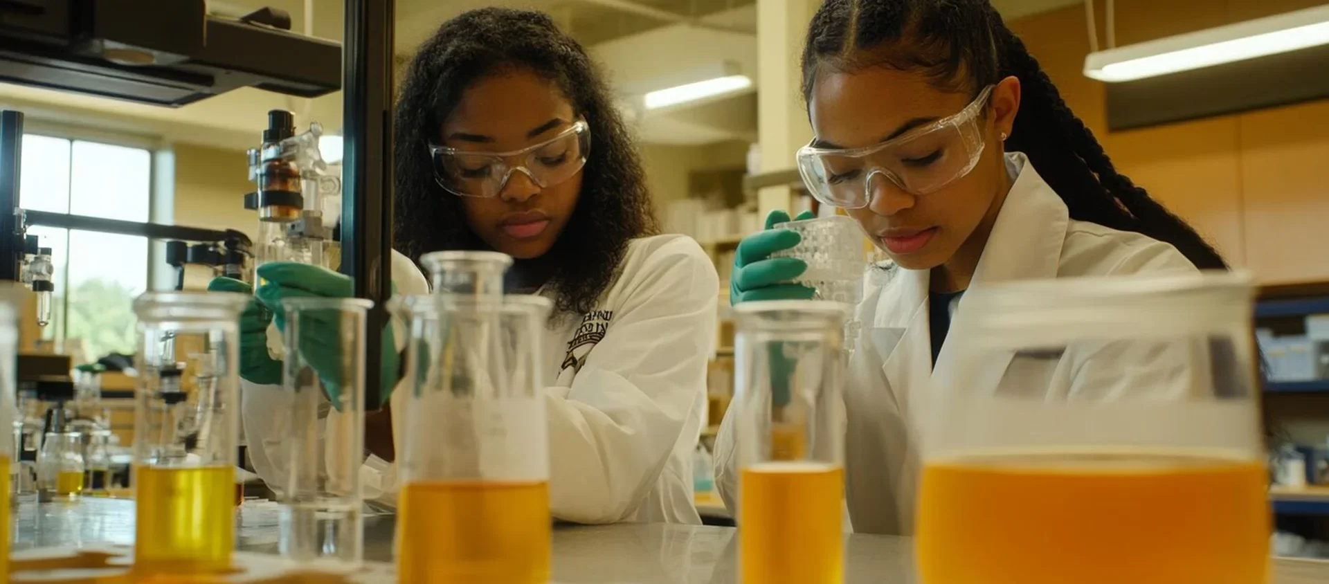 Bethel Trading Solutions Food scientists in white lab coats analyzing beverage samples, testing for quality and safety parameters with laboratory analyzers and pH meters in a clean lab environment
